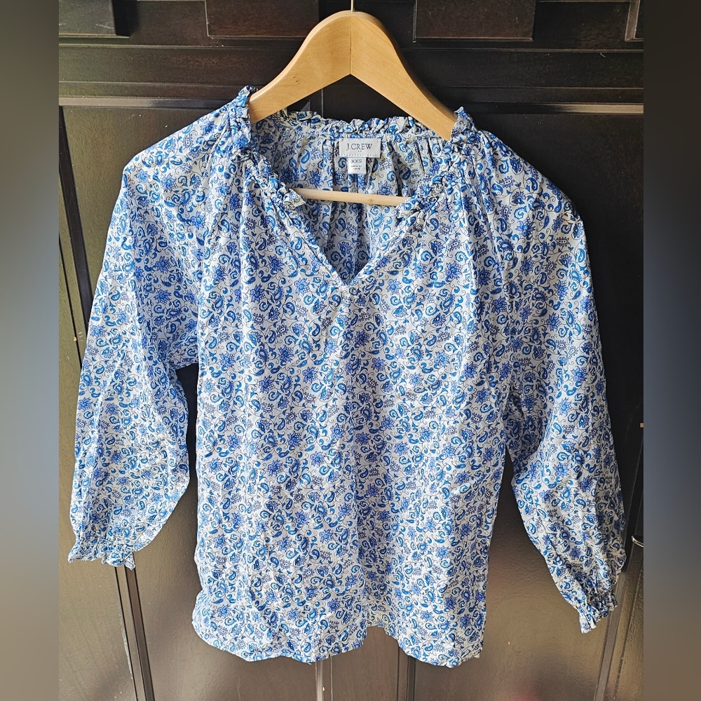 J. Crew Factory Blue Paisle Smocked Blouse EUC